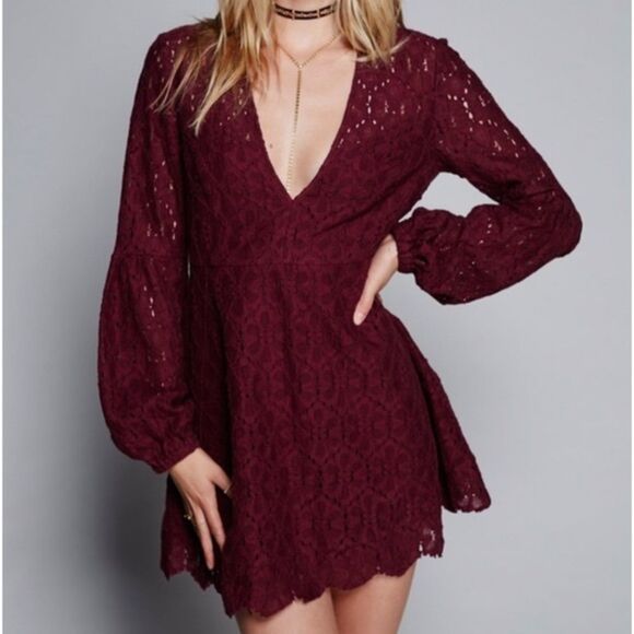 FREE PEOPLE Long Sleeve Burgundy Lace Mini Dress - Picture 1 of 13